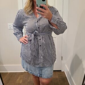 Lane Bryant Navy Striped Tie Waist Button Down Long Sleeve Blouse